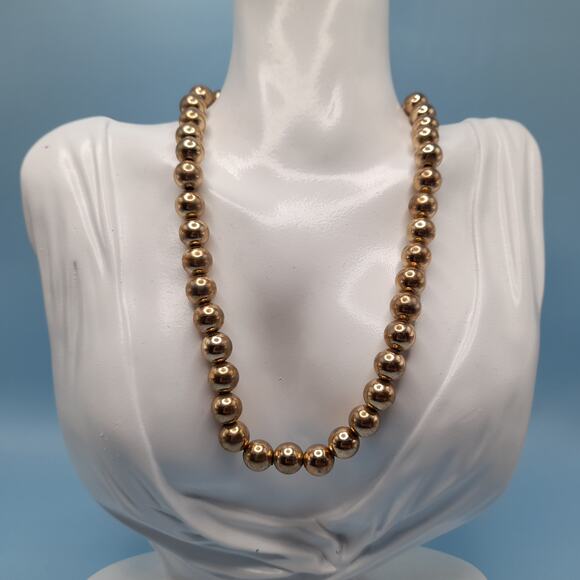 Vintage Gold Tone Metal Beaded Choker Necklace, Strung on Chain, 16 Inches - Picture 8 of 11
